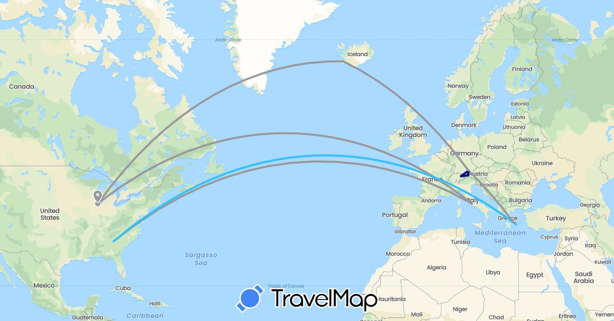 TravelMap itinerary: driving, plane, boat in Austria, Germany, Greece, Iceland, Italy, Liechtenstein, United States (Europe, North America)